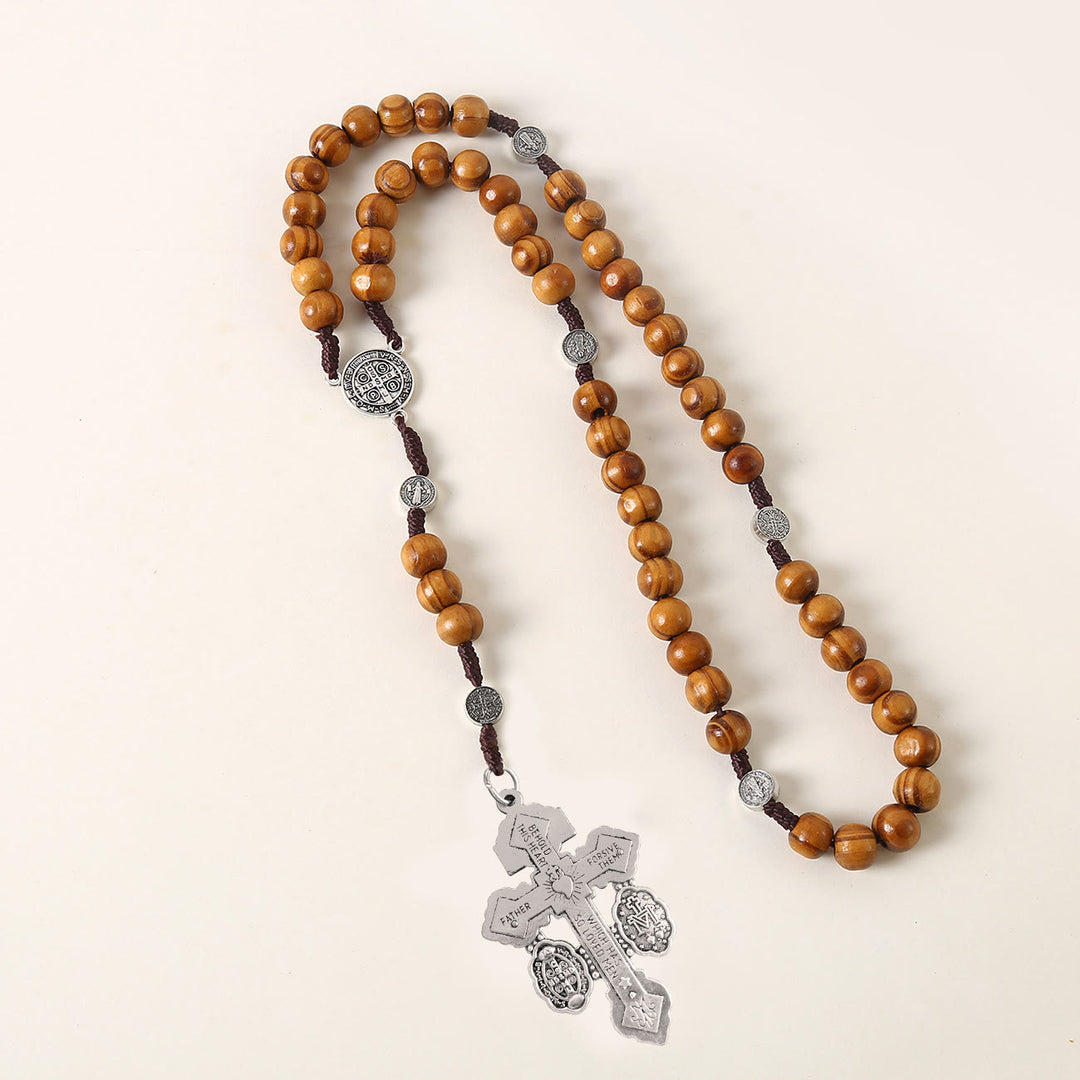 Christianartworkshop St. Benedict Medal & Pardon Crucifix of 10 mm Round Brown Wood Nylon Cord Rosary