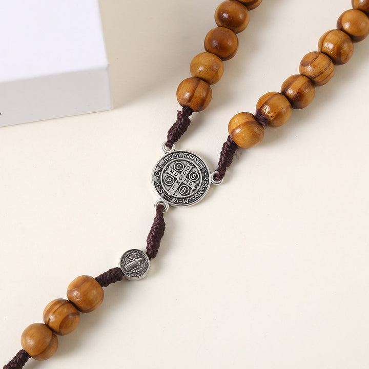 Christianartworkshop St. Benedict Medal & Pardon Crucifix of 10 mm Round Brown Wood Nylon Cord Rosary