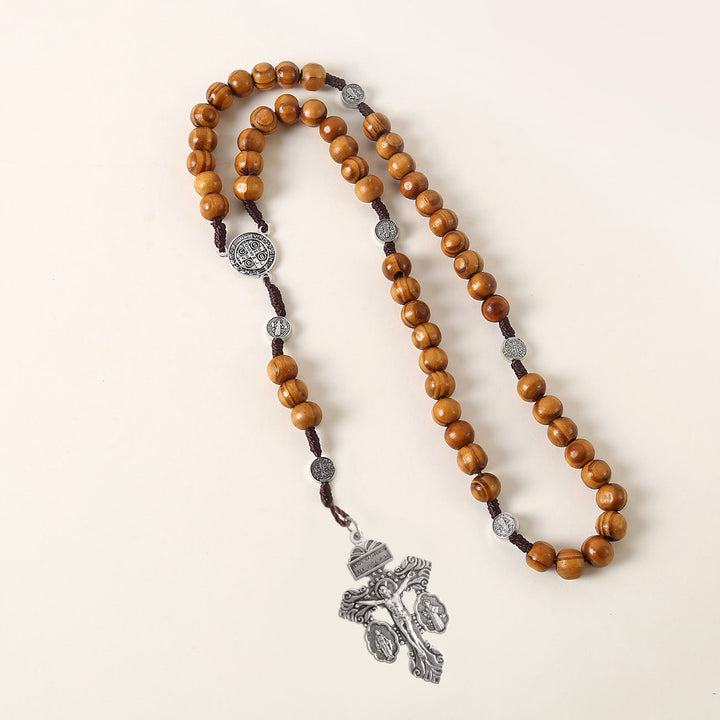 Christianartworkshop St. Benedict Medal & Pardon Crucifix of 10 mm Round Brown Wood Nylon Cord Rosary