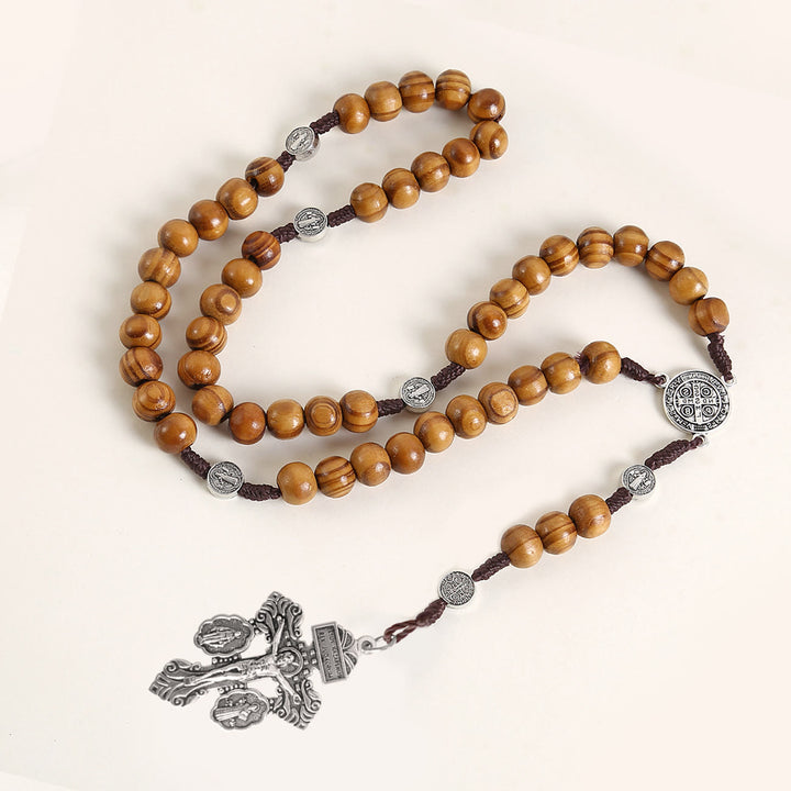 Discount Today: St. Benedict Medal & Pardon Crucifix of 10 mm Round Brown Wood Nylon Cord Rosary