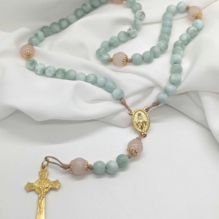 Christianartworkshop Miraculous Medal & Crucifix of 8 mm Round Green Moonstone Leather Cord Rosary