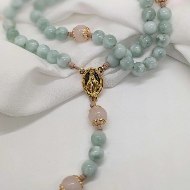 Christianartworkshop Miraculous Medal & Crucifix of 8 mm Round Green Moonstone Leather Cord Rosary