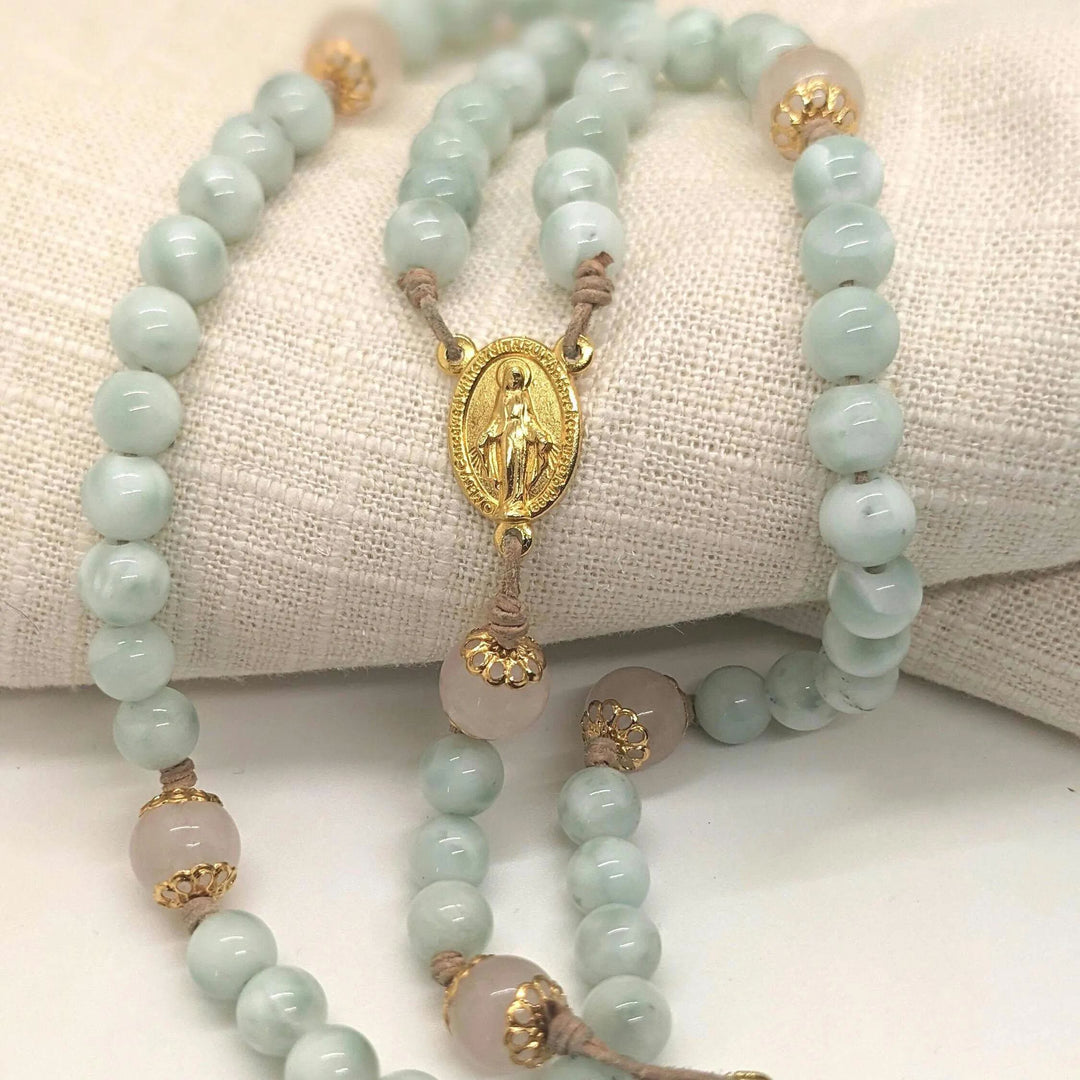 Christianartworkshop Miraculous Medal & Crucifix of 8 mm Round Green Moonstone Leather Cord Rosary