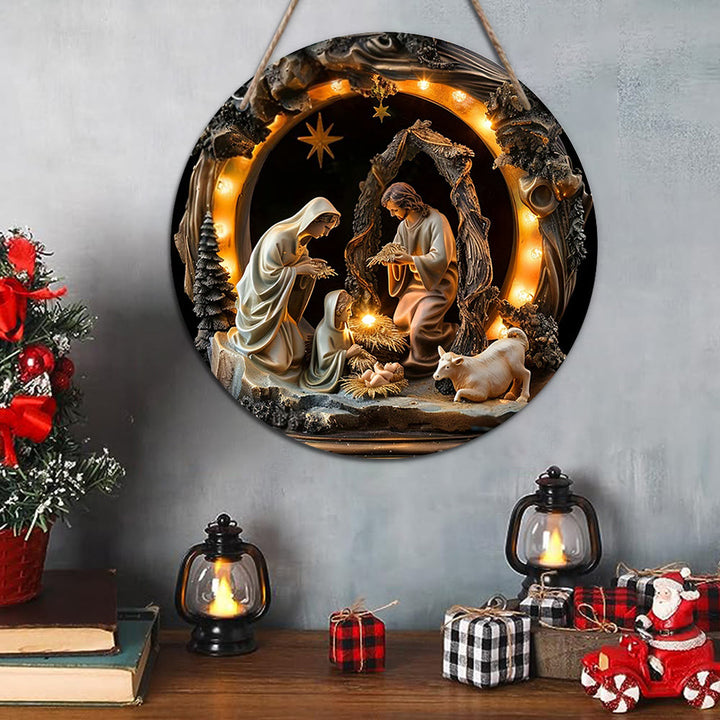 Christianartworkshop Realistic Style Nativity Scene Holy Night Wooden Christmas Nativity Hanging Ornaments