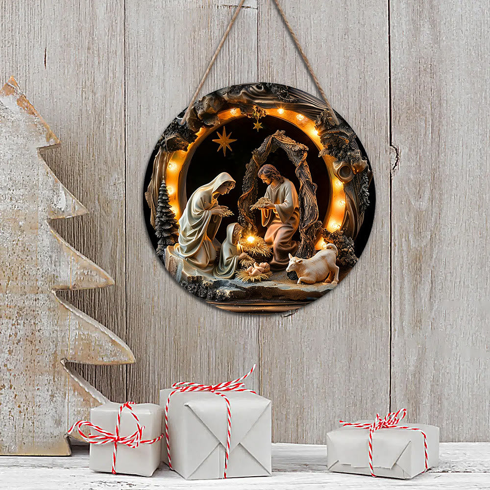 Christianartworkshop Realistic Style Nativity Scene Holy Night Wooden Christmas Nativity Hanging Ornaments