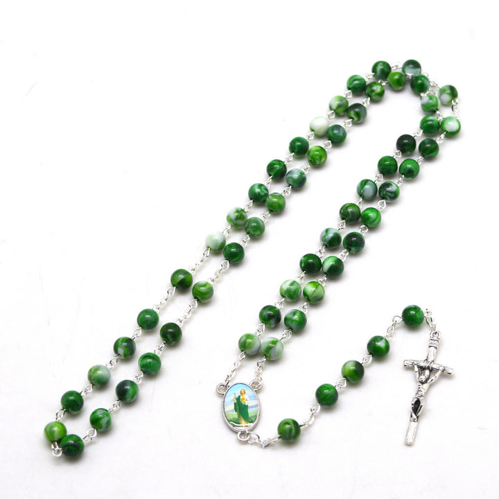 Christianartworkshop Saint Jude Thaddeus & Crucifix of 8 mm Round Green Acrylic Alloy Chain Rosary