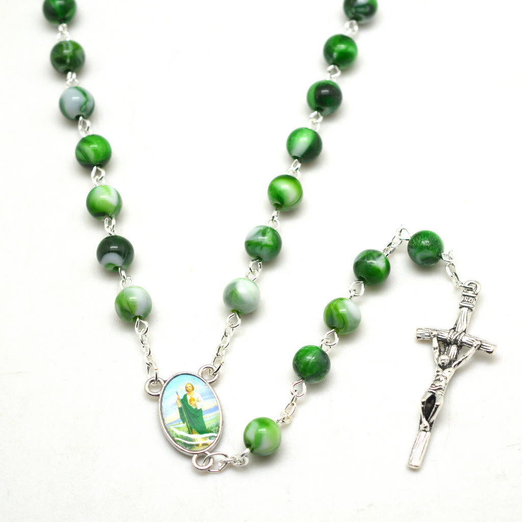 FREE Today: Saint Jude Thaddeus & Crucifix of 8 mm Round Green Acrylic Alloy Chain Rosary