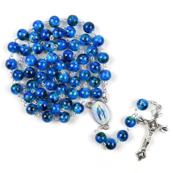 Christianartworkshop Assumption of Our Lady & Pardon Crucifix of 6 mm Round Blue Natural Stone Alloy Chain Rosary