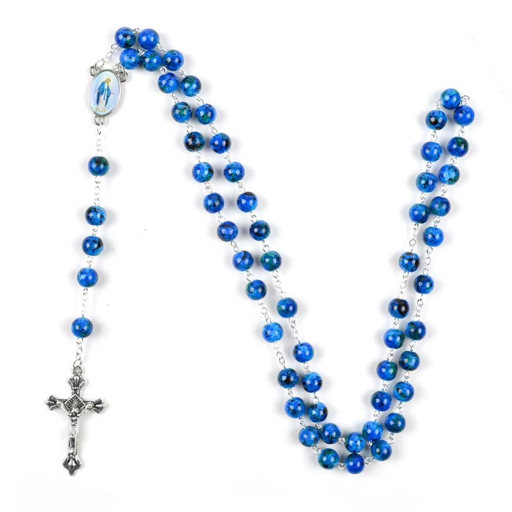 Discount Today: Assumption of Our Lady & Pardon Crucifix of 6 mm Round Blue Natural Stone Alloy Chain Rosary