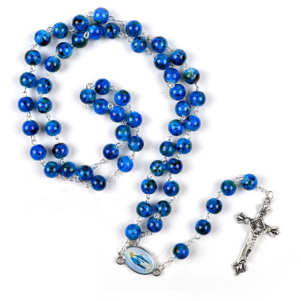 Discount Today: Assumption of Our Lady & Pardon Crucifix of 6 mm Round Blue Natural Stone Alloy Chain Rosary