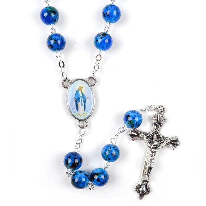 Christianartworkshop Assumption of Our Lady & Pardon Crucifix of 6 mm Round Blue Natural Stone Alloy Chain Rosary