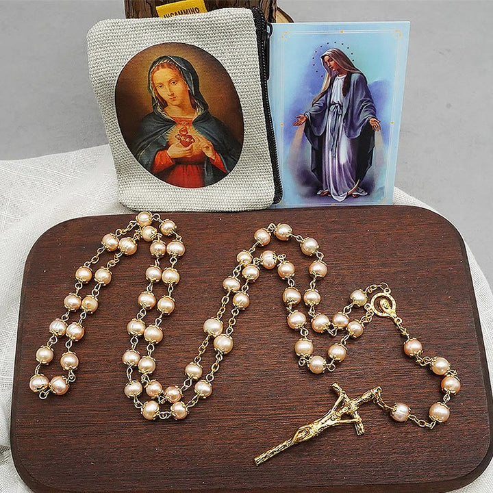 Christianartworkshop Virgin Mary & Crucifix of 7*8 mm Round Champagne Pearl Alloy Chain Rosary