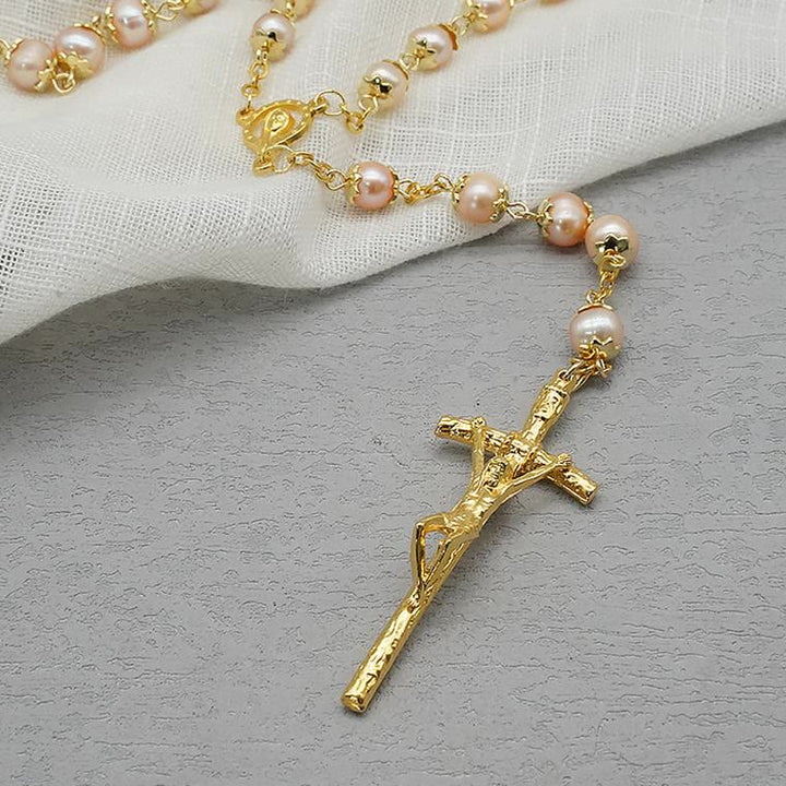 Christianartworkshop Virgin Mary & Crucifix of 7*8 mm Round Champagne Pearl Alloy Chain Rosary