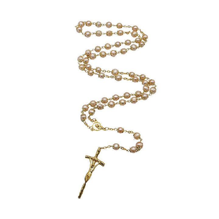 Christianartworkshop Virgin Mary & Crucifix of 7*8 mm Round Champagne Pearl Alloy Chain Rosary