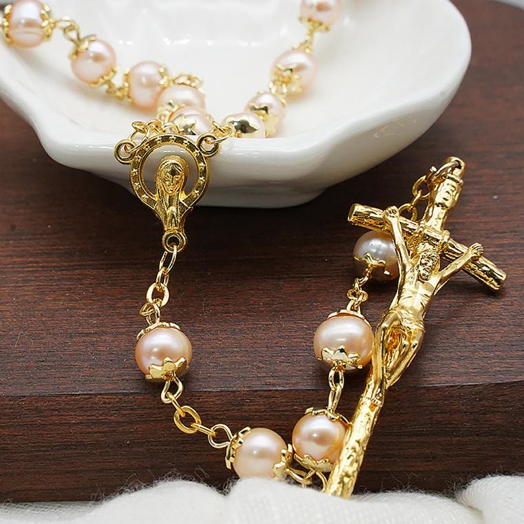 Christianartworkshop Virgin Mary & Crucifix of 7*8 mm Round Champagne Pearl Alloy Chain Rosary