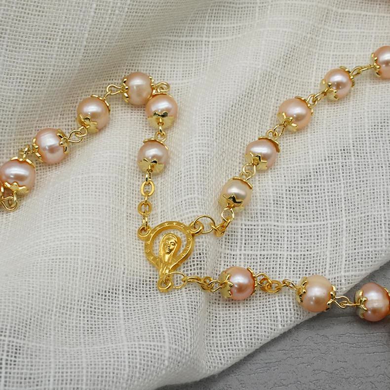 Christianartworkshop Virgin Mary & Crucifix of 7*8 mm Round Champagne Pearl Alloy Chain Rosary