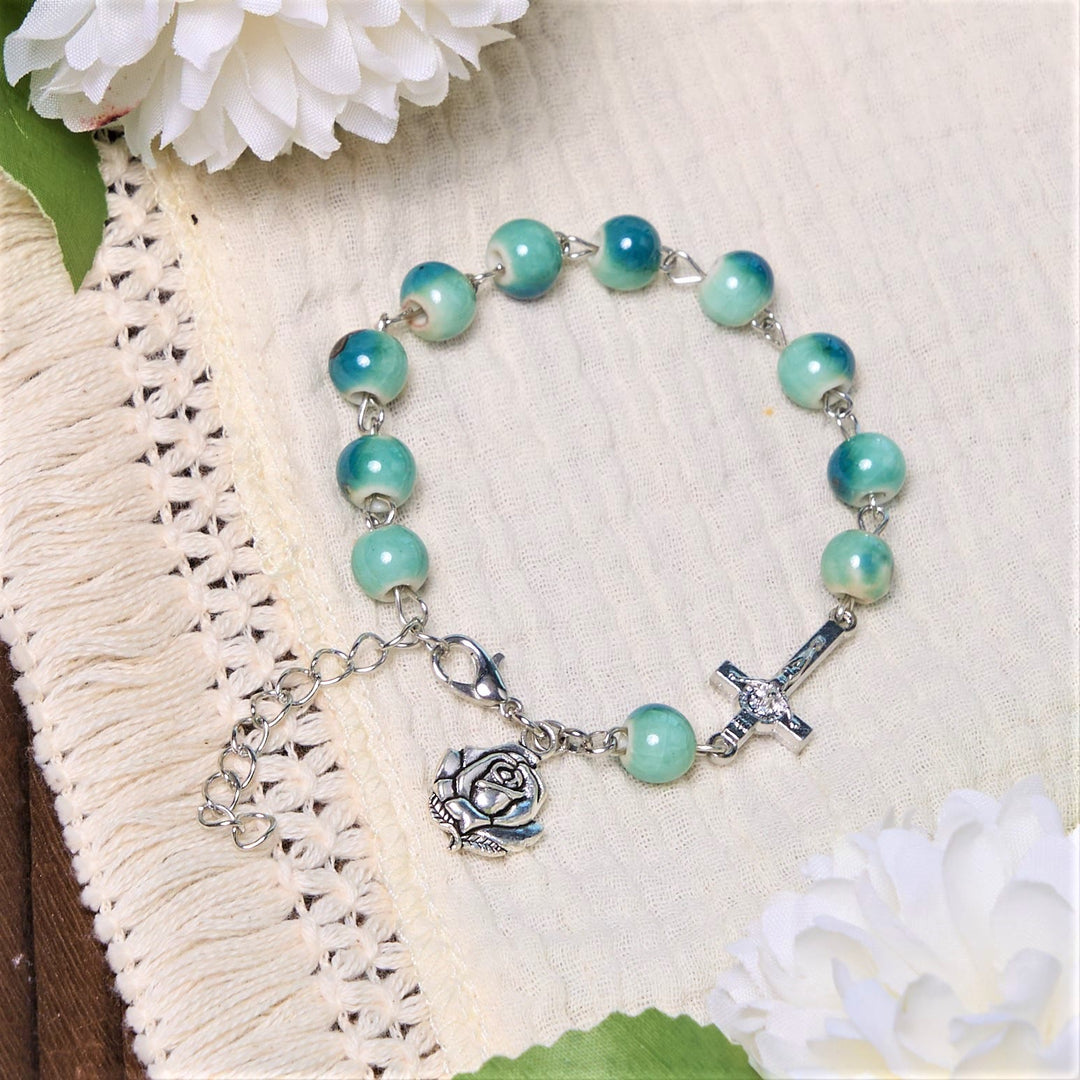 Christianartworkshop Joyful Blossom Green Tone Ceramics Beads Rose & Crucifix Bracelet