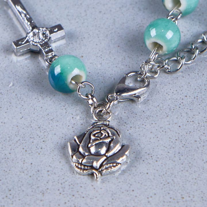 Discount Today: Joyful Blossom Green Tone Ceramics Beads Rose & Crucifix Bracelet