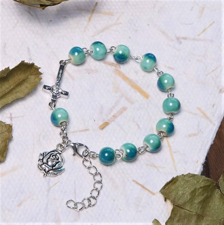 Discount Today: Joyful Blossom Green Tone Ceramics Beads Rose & Crucifix Bracelet