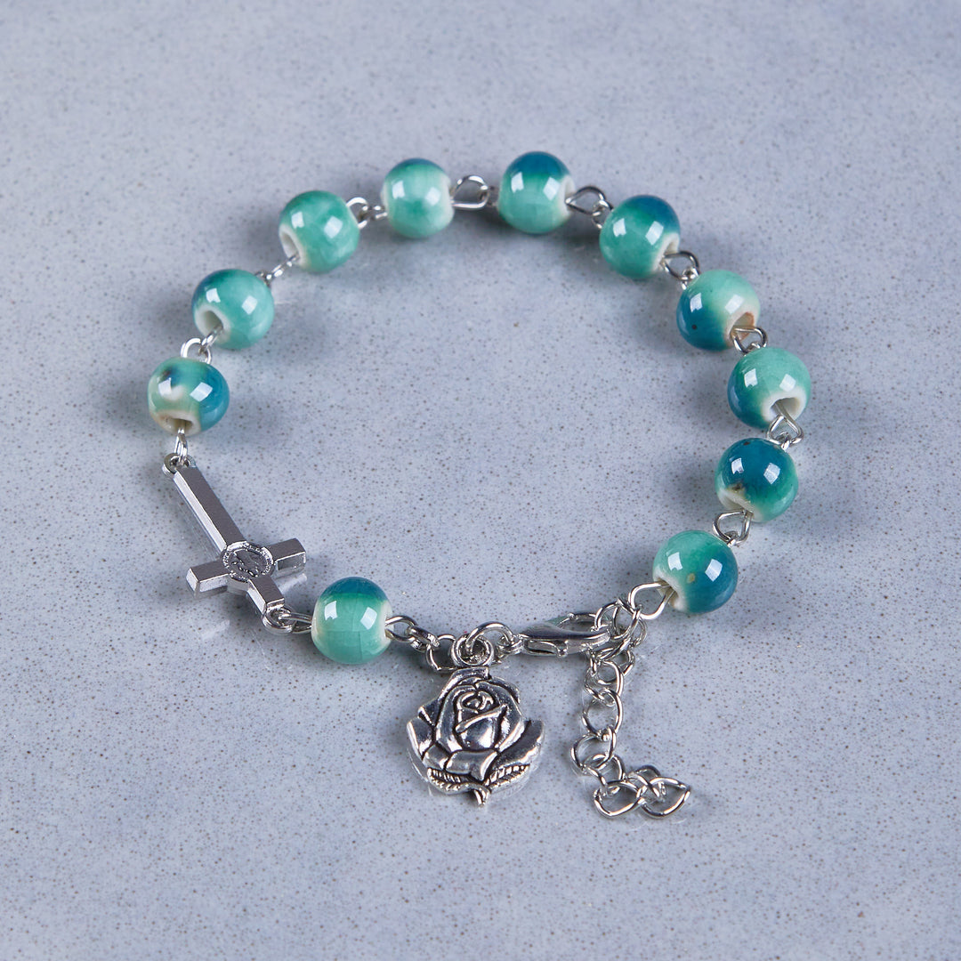 Discount Today: Joyful Blossom Green Tone Ceramics Beads Rose & Crucifix Bracelet