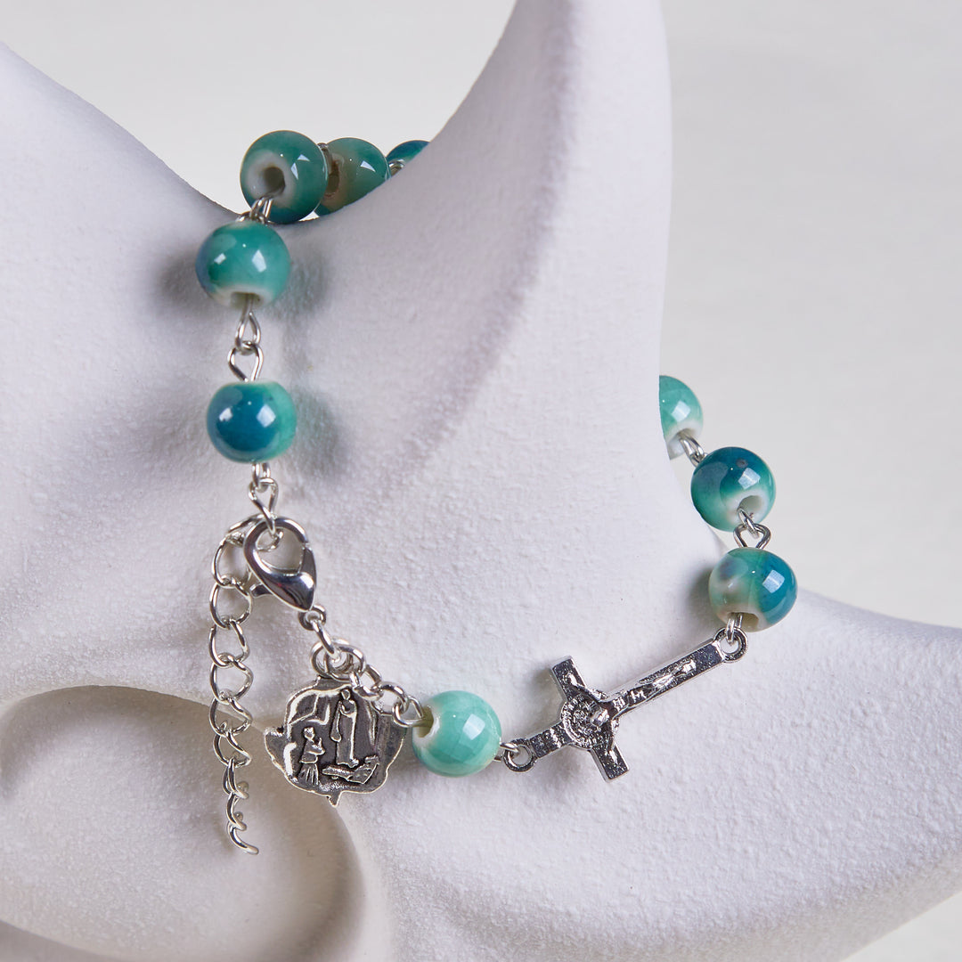 Discount Today: Joyful Blossom Green Tone Ceramics Beads Rose & Crucifix Bracelet