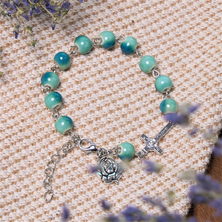 Discount Today: Joyful Blossom Green Tone Ceramics Beads Rose & Crucifix Bracelet