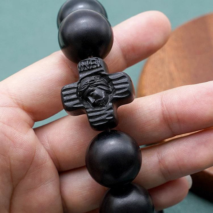 Christianartworkshop Classic Jesus Christ Cross Black Sandalwood Rosary Bracelet