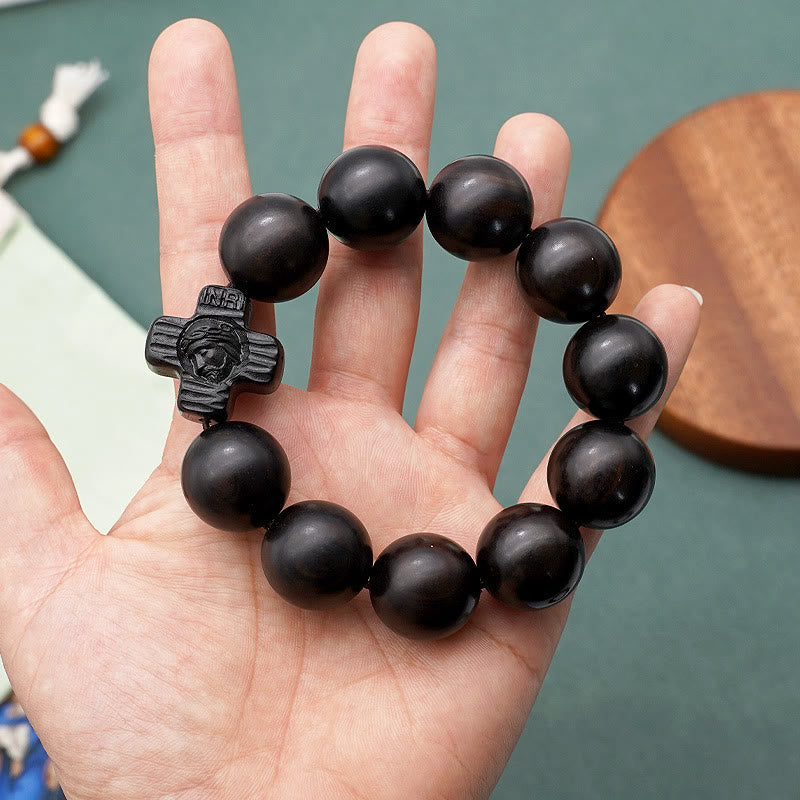 Christianartworkshop Classic Jesus Christ Cross Black Sandalwood Rosary Bracelet