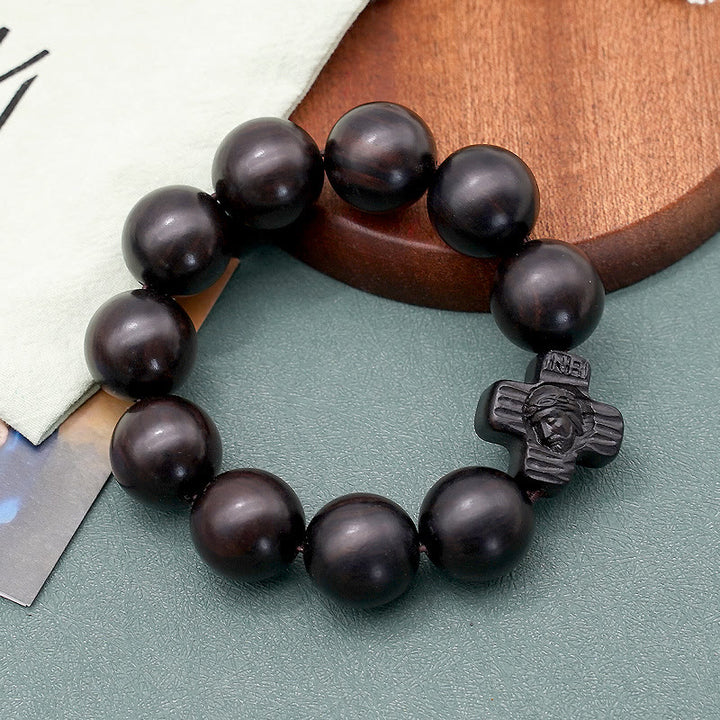 Christianartworkshop Classic Jesus Christ Cross Black Sandalwood Rosary Bracelet