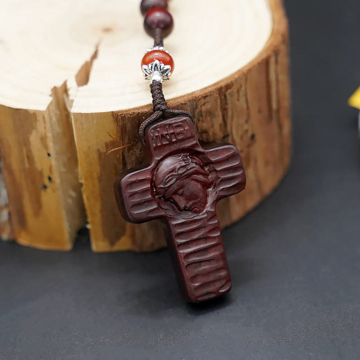 Christianartworkshop Jesus Cross of 8 mm Round Brown/Black Sandalwood Nylon Cord Rosary