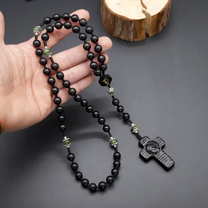 Christianartworkshop Jesus Cross of 8 mm Round Brown/Black Sandalwood Nylon Cord Rosary