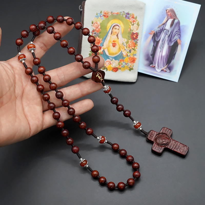 Christianartworkshop Jesus Cross of 8 mm Round Brown/Black Sandalwood Nylon Cord Rosary