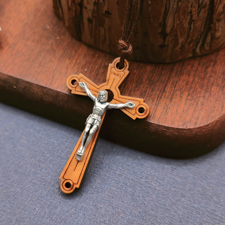 Christianartworkshop Classic Style Olive Wood Crucifix Devotion Blessed Pendant Necklace