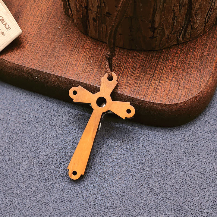 Christianartworkshop Classic Style Olive Wood Crucifix Devotion Blessed Pendant Necklace