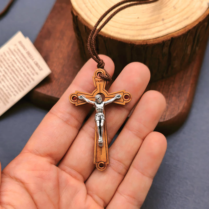 Christianartworkshop Classic Style Olive Wood Crucifix Devotion Blessed Pendant Necklace