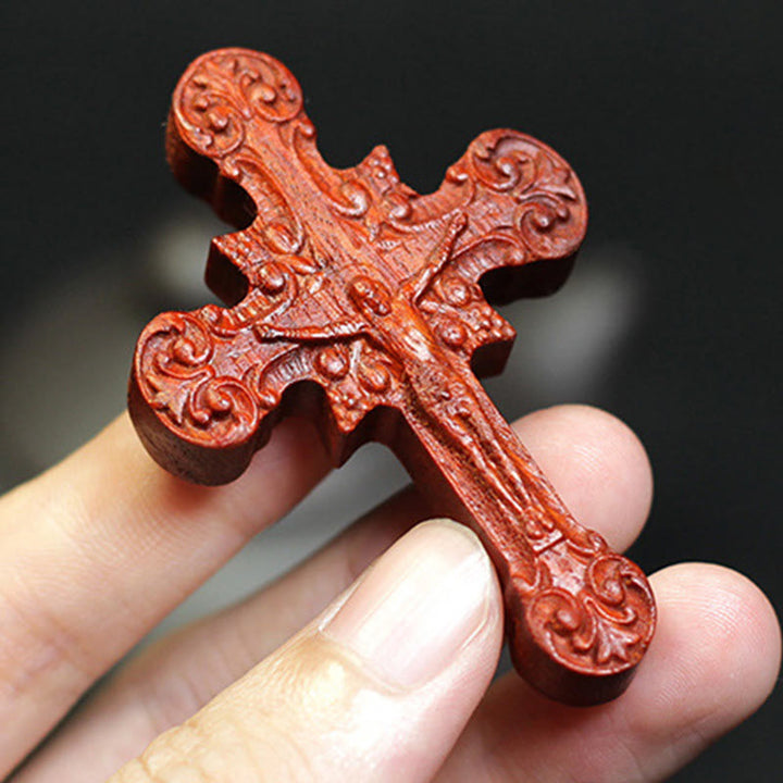 Christianartworkshop Classic Style Crucifix Sacred Protection Scrollwork Rosewood Pendant Necklace