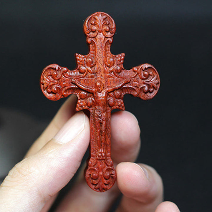 Christianartworkshop Classic Style Crucifix Sacred Protection Scrollwork Rosewood Pendant Necklace