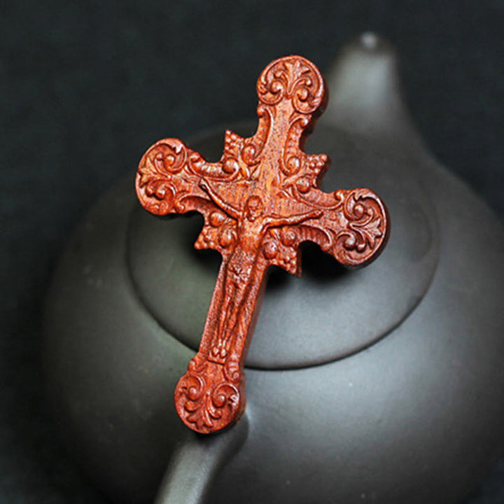 Christianartworkshop Classic Style Crucifix Sacred Protection Scrollwork Rosewood Pendant Necklace