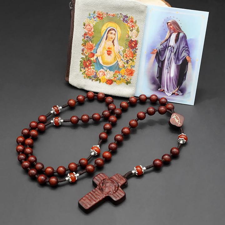 Christianartworkshop Jesus Cross of 8 mm Round Brown/Black Sandalwood Nylon Cord Rosary