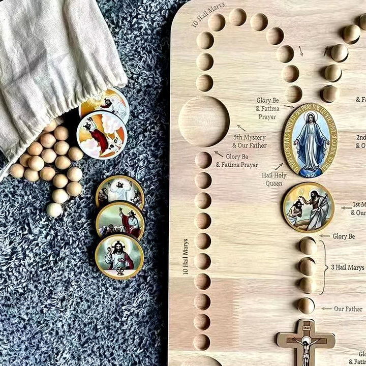 Christianartworkshop Early Education Learning Mystery & Our Father Prayer Card Wooden Rosary Board Set