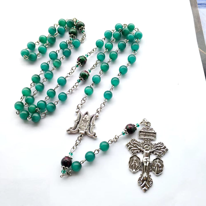 Christianartworkshop Miraculous Medal & St. Benedict Medal & Crucifix of 8 mm Round Green Cat's Eye Stone Alloy Chain Rosary