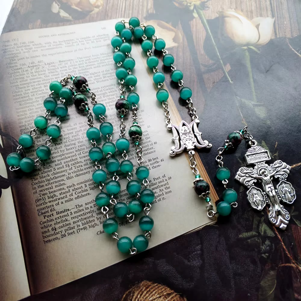 Christianartworkshop Miraculous Medal & St. Benedict Medal & Crucifix of 8 mm Round Green Cat's Eye Stone Alloy Chain Rosary