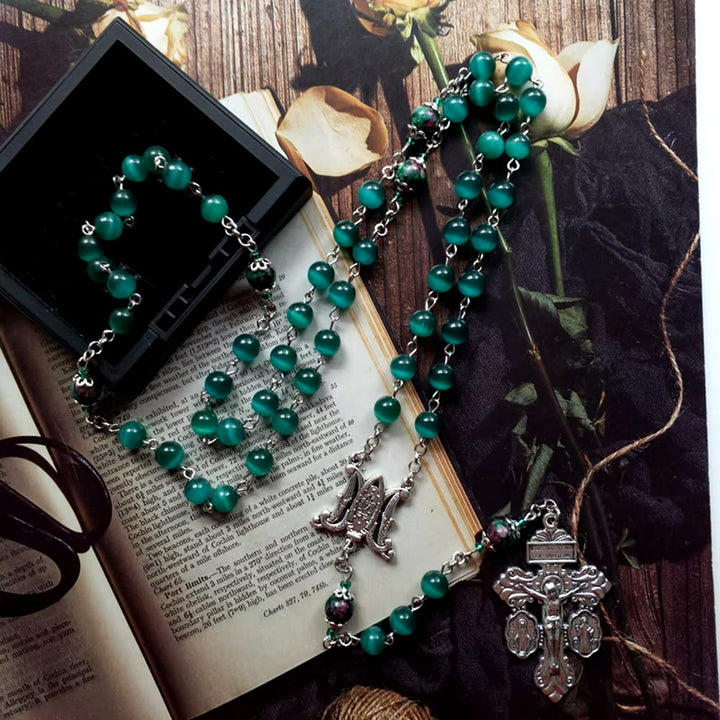 Christianartworkshop Miraculous Medal & St. Benedict Medal & Crucifix of 8 mm Round Green Cat's Eye Stone Alloy Chain Rosary