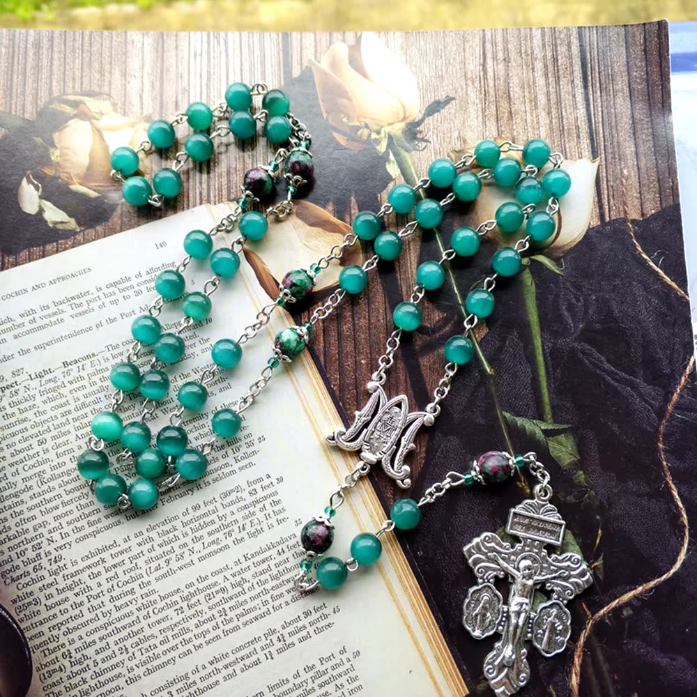 Christianartworkshop Miraculous Medal & St. Benedict Medal & Crucifix of 8 mm Round Green Cat's Eye Stone Alloy Chain Rosary