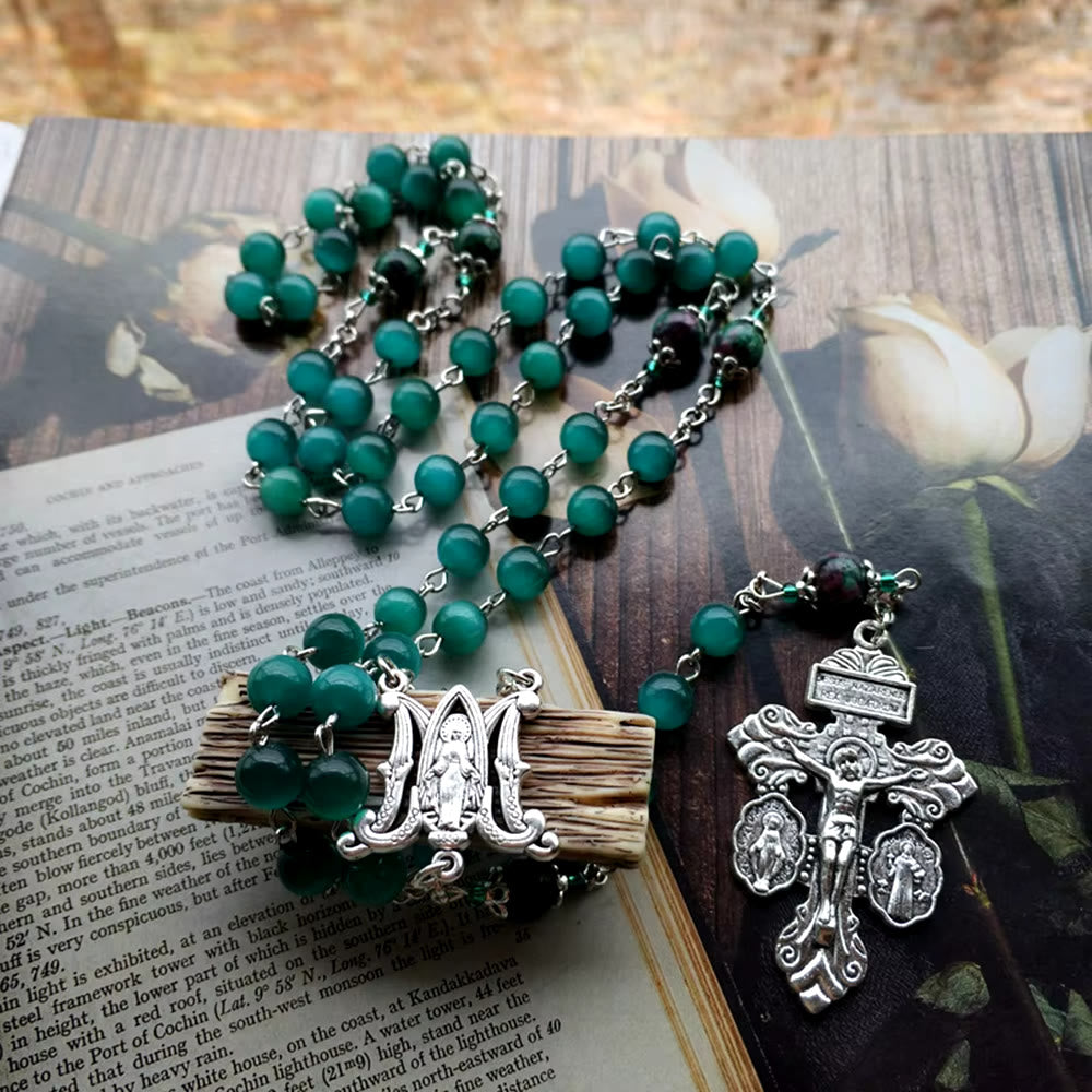 Christianartworkshop Miraculous Medal & St. Benedict Medal & Crucifix of 8 mm Round Green Cat's Eye Stone Alloy Chain Rosary