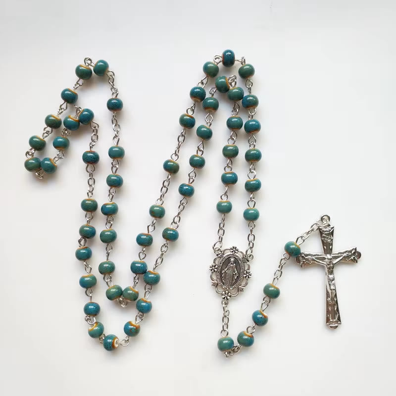 Christianartworkshop Miraculous Medal & Crucifix of 6 mm Round Blue Ceramic Alloy Chain Rosary