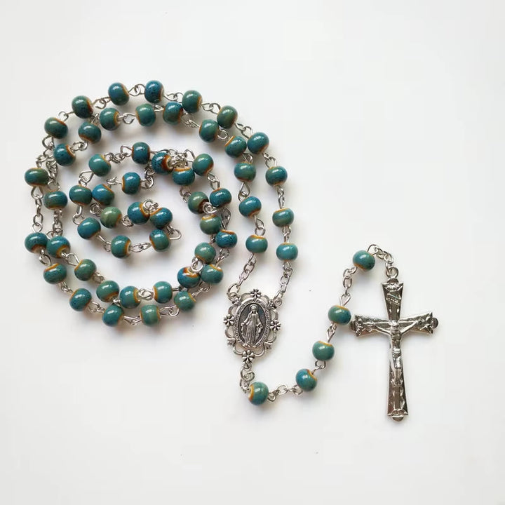 Christianartworkshop Miraculous Medal & Crucifix of 6 mm Round Blue Ceramic Alloy Chain Rosary