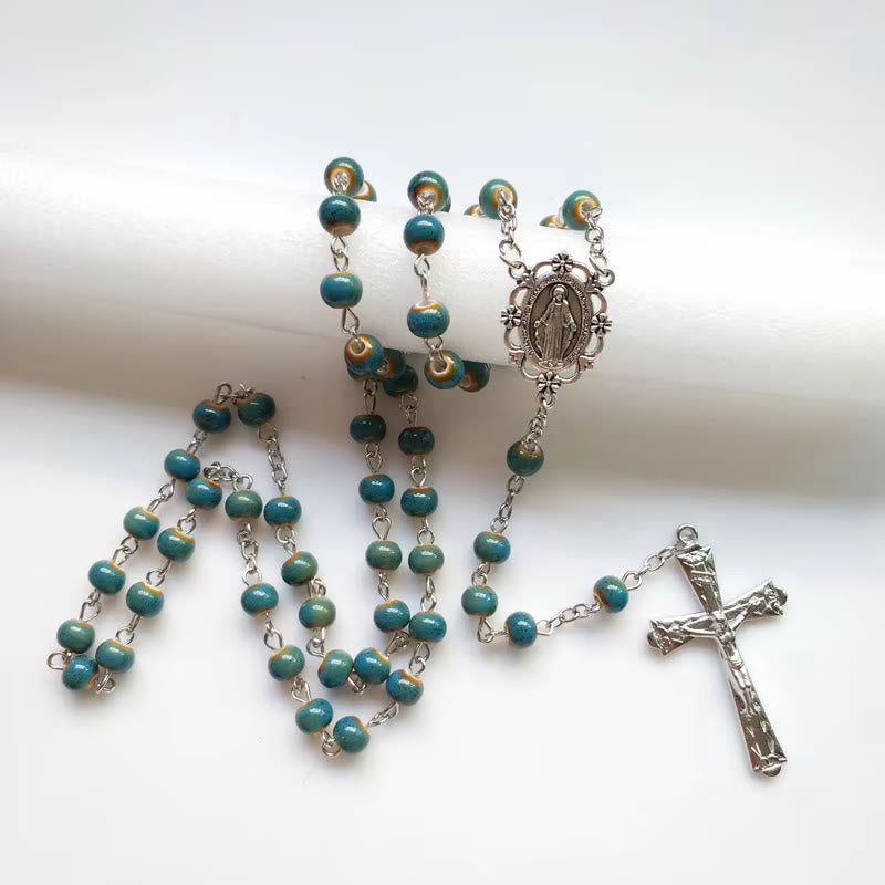 Christianartworkshop Miraculous Medal & Crucifix of 6 mm Round Blue Ceramic Alloy Chain Rosary