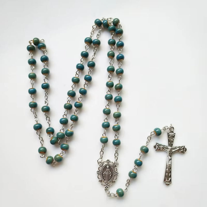 Christianartworkshop Miraculous Medal & Crucifix of 6 mm Round Blue Ceramic Alloy Chain Rosary