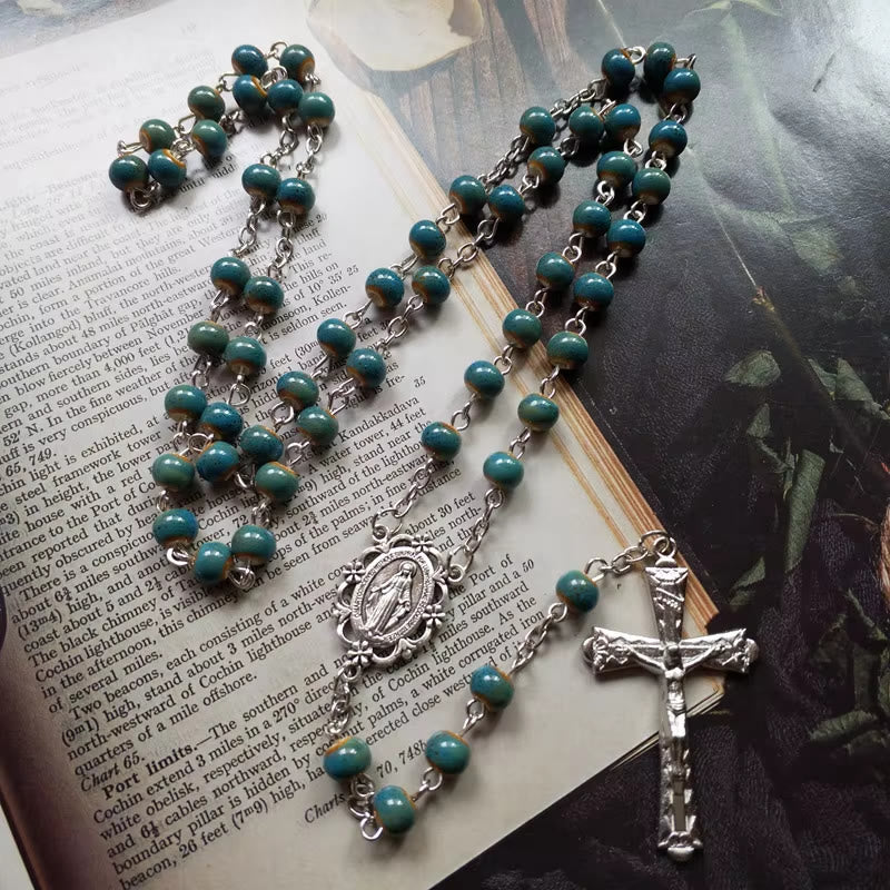 Christianartworkshop Miraculous Medal & Crucifix of 6 mm Round Blue Ceramic Alloy Chain Rosary